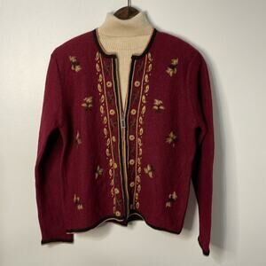 Koret Maroon Vintage Ebroidered Zip Up Cardigan Sweater Size M